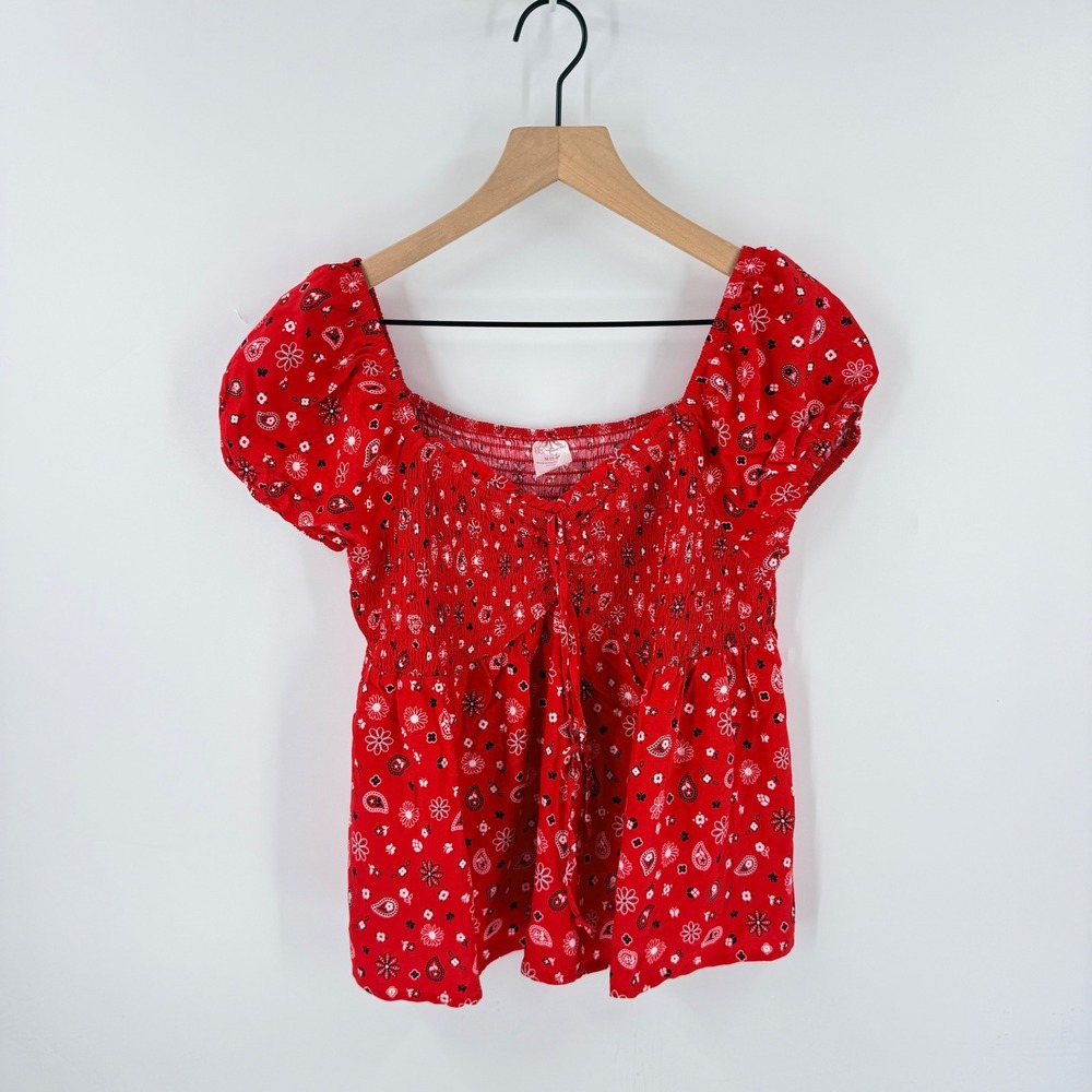 No‎ Boundaries Smocked Peplum Top Red Medium Bandana Print Boho Cottagecore